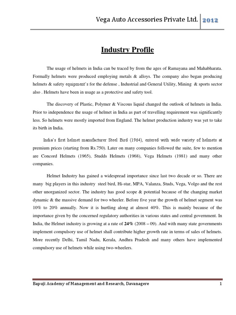 Industry Profile Vega Auto Accessories Private LTD PDF Strategic
