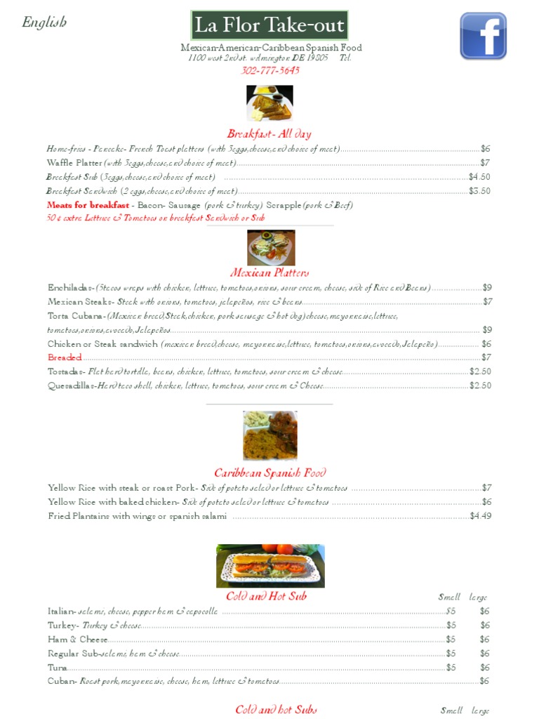 English Menu for La Flor Take-out | PDF | Cooking, Food & Wine
