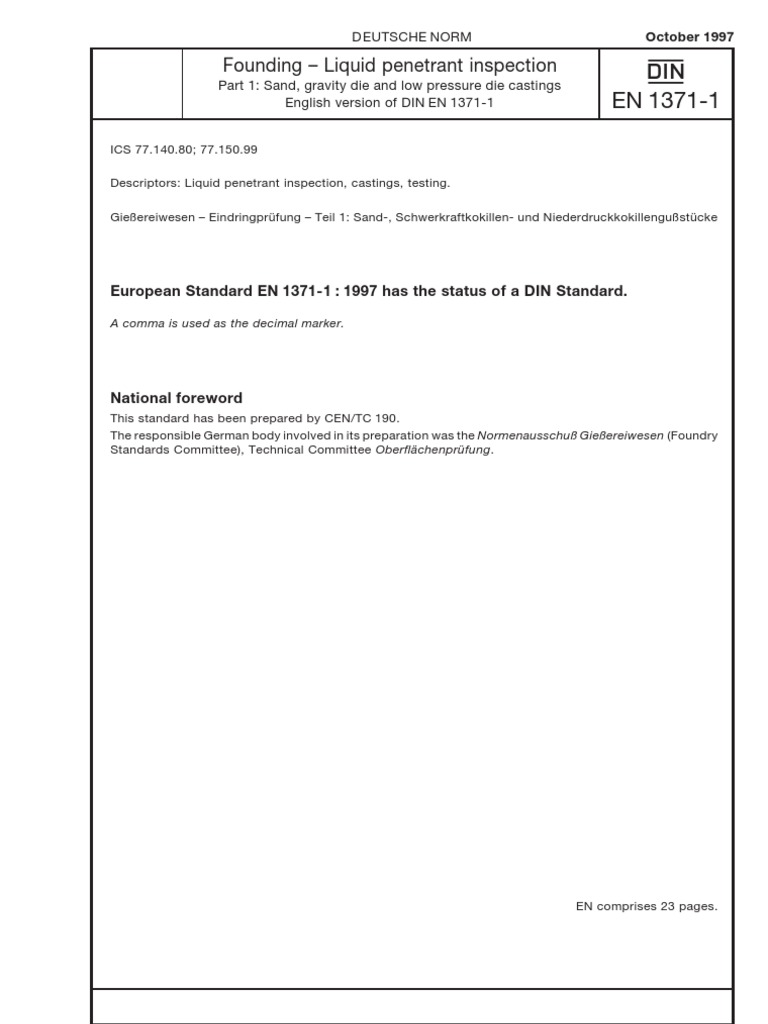 EN 1371-1 Liquid Penetrant Inspection PDF | PDF | Casting (Metalworking ...