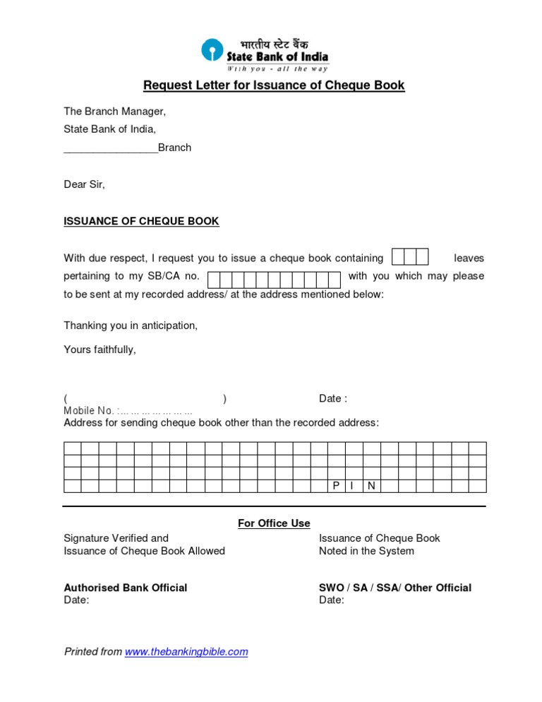 letter to bank for cheque book