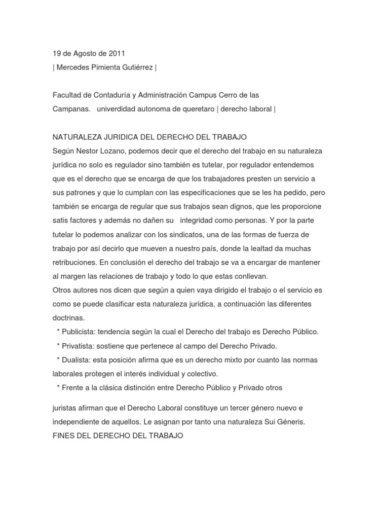 Naturaleza Juridica Del Derecho Del Trabajo Derecho