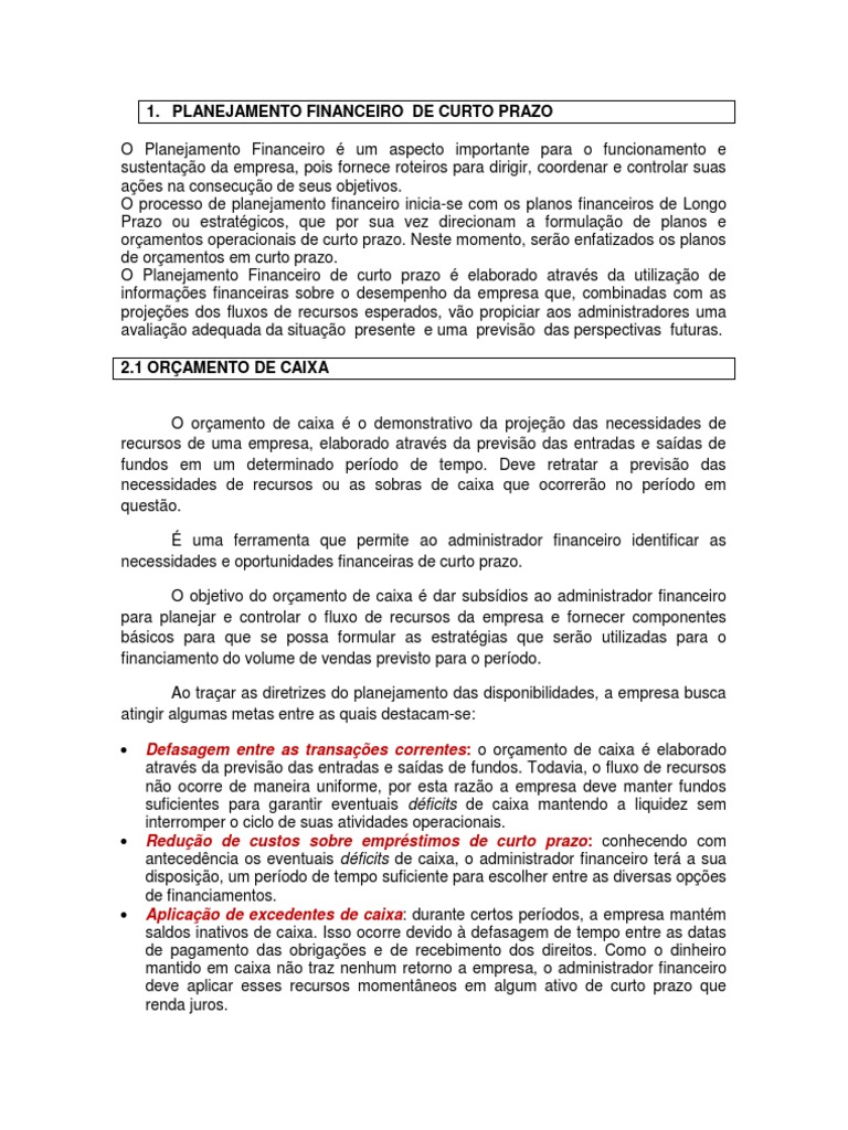 Planejamento Financeiro de Curto Prazo | PDF | Planejamento | Orçamento