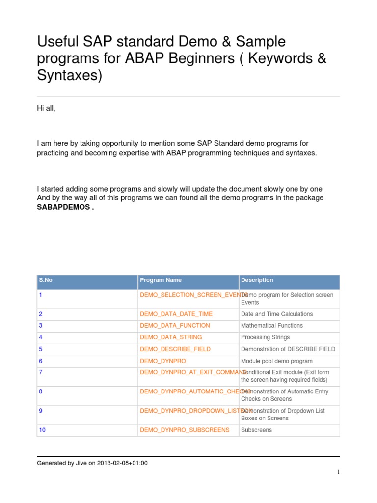 Useful SAP Standard Demo & Sample Programs For ABAP Beginners (Keywords