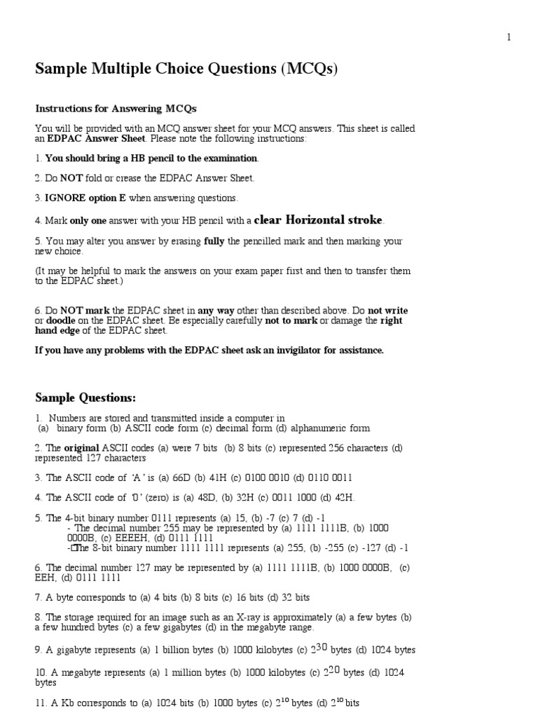 Sample Multiple Choice Questions (MCQS) : Clear Horizontal Stroke | PDF