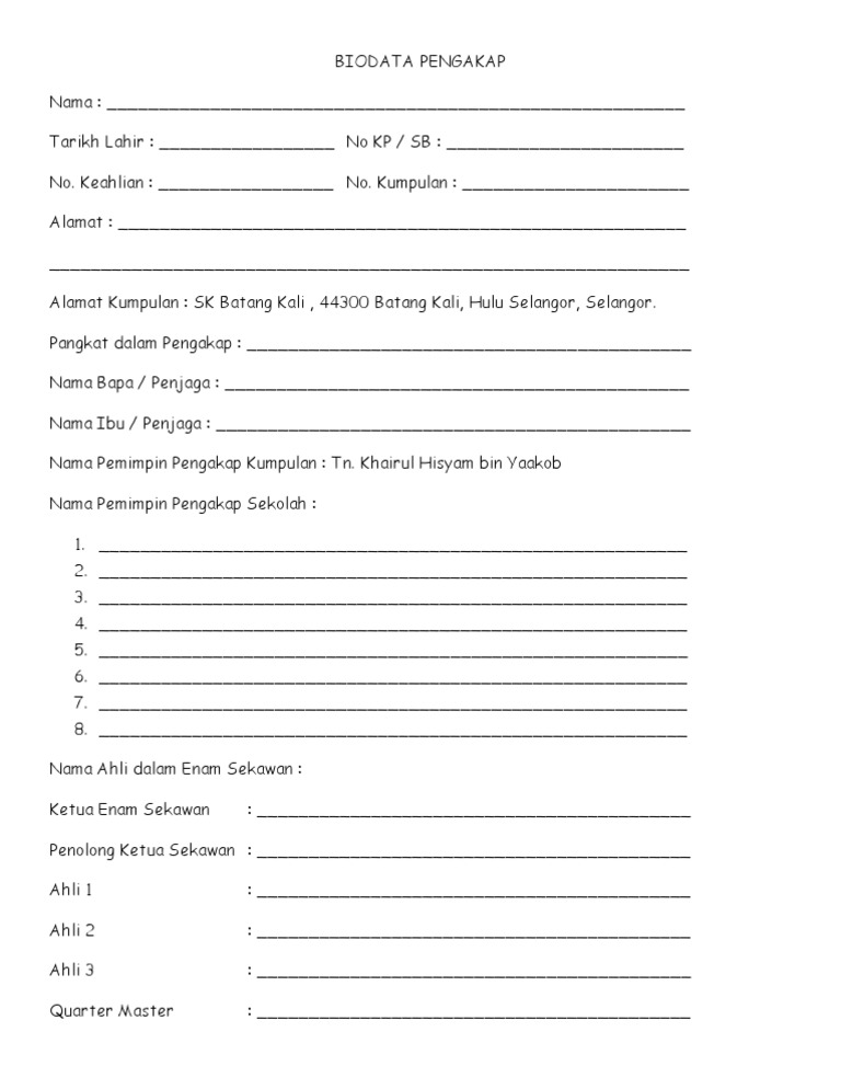 Biodata Pengakap Kanak-Kanak untuk Buku Log