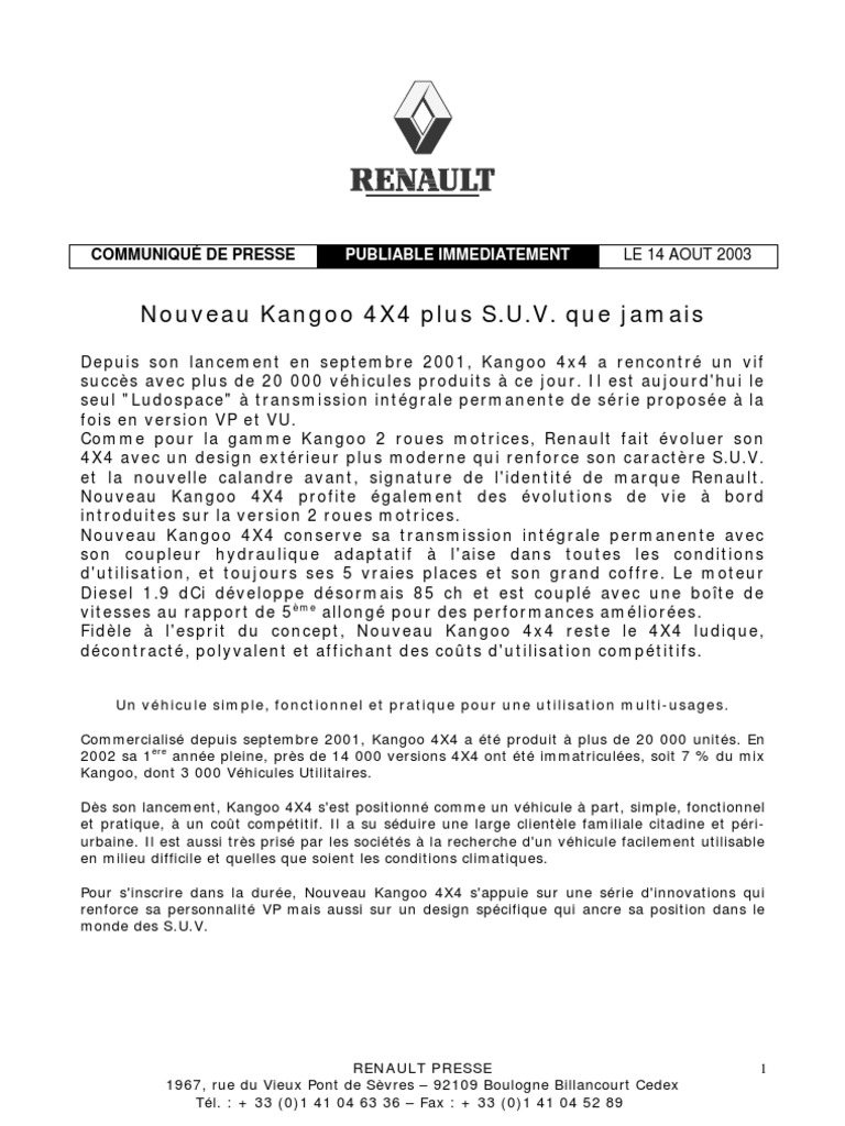 Revue Technique Kangoo 1 9 D Pdf Gratuit Kangoo | PDF | Moteur diesel | Transmission intégrale