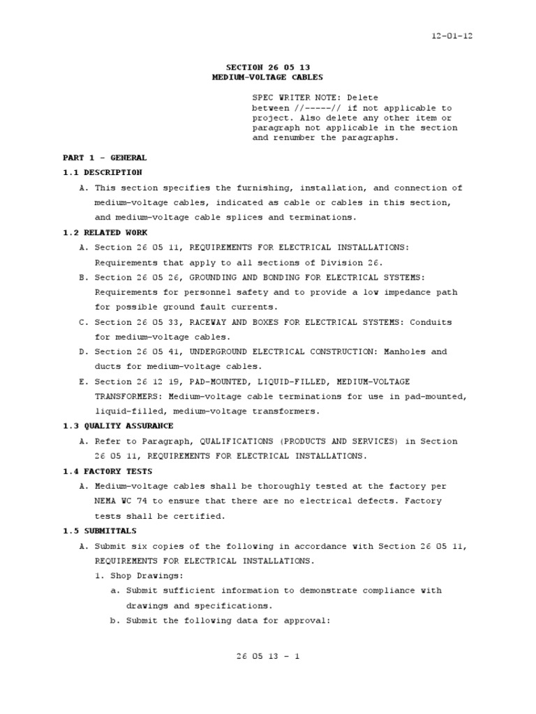 Specification For Medium Voltage Cables Splices And Terminations