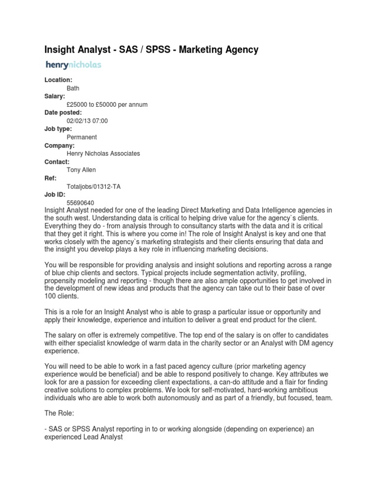 Insight Analyst SAS / SPSS Marketing Agency PDF Intelligence