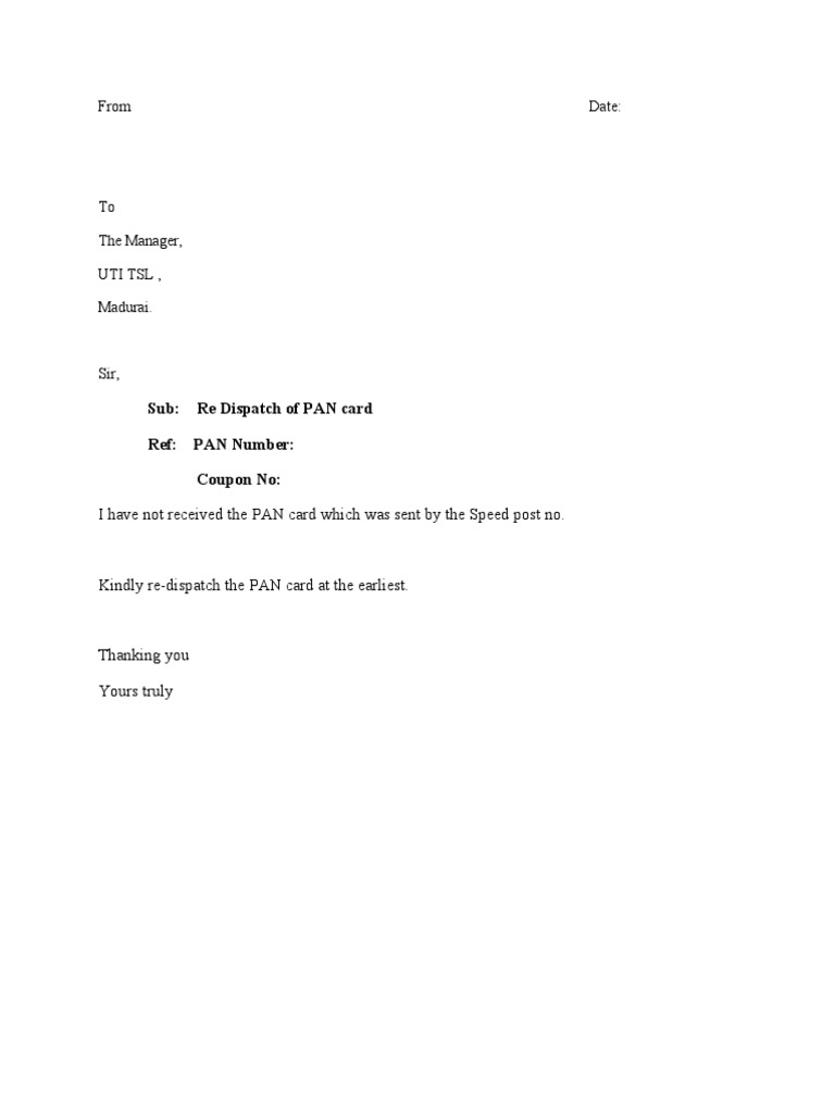 PAN Card Re-dispatch Request Letter | PDF | Written Communication