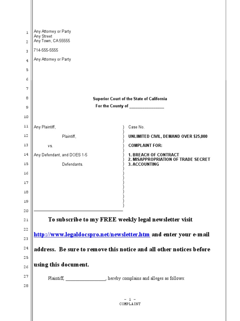 Sample California Complaint for Theft of Trade Secrets Lawsuit Law