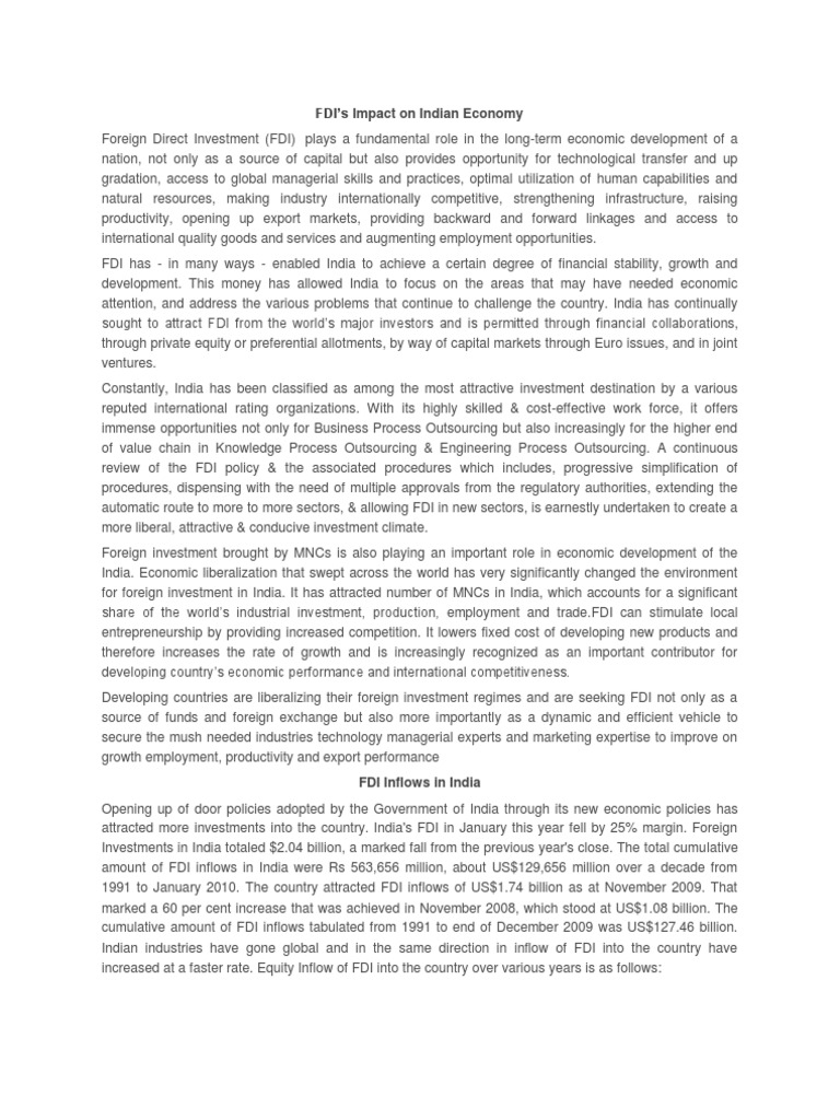 Impact of FDI on India's Economy | PDF | Foreign Direct Investment ...
