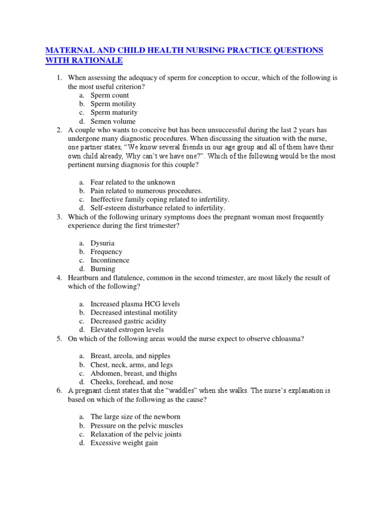 Maternal And Child Health Nursing Practice Questions With Rationale Childbirth Pregnancy