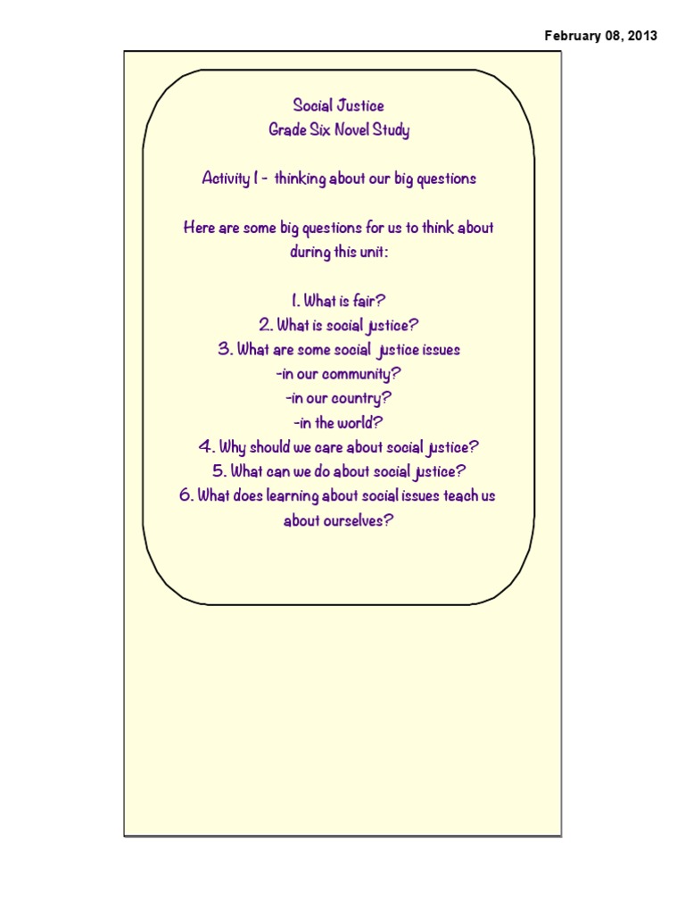 Social Justice Novel Study Introduction 2013 PDF Social Justice
