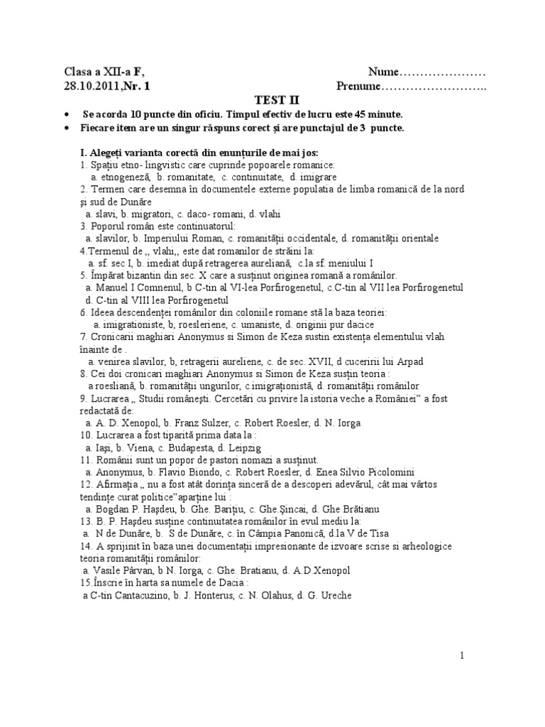 0 Test Romanitatea Romanilor | PDF