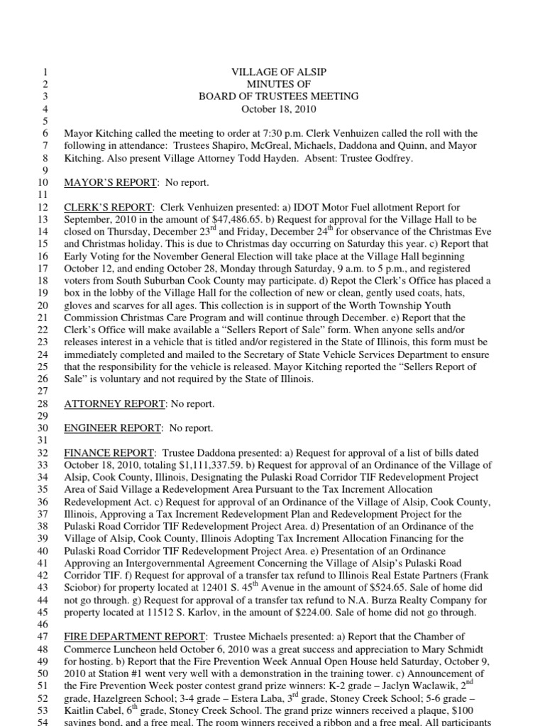 Alsip October 18 2010 Board PDF Government Business