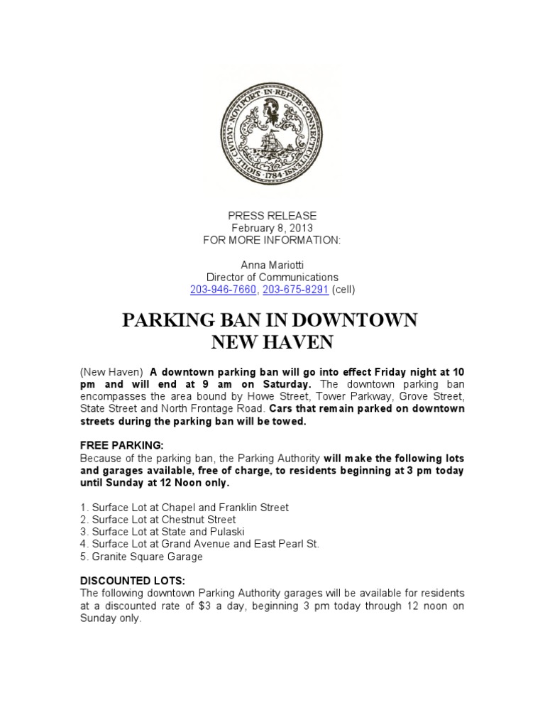 New Haven Parking Ban Release