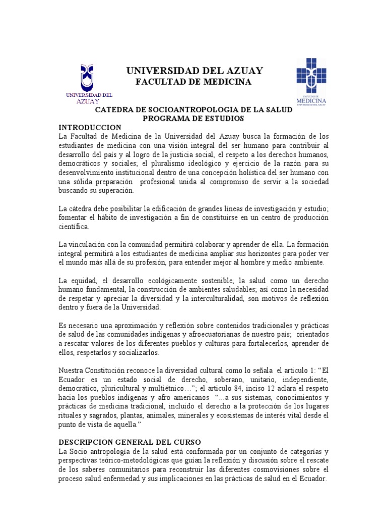Silabo Socio Antropologia de La Salud Anthropology Ecuador