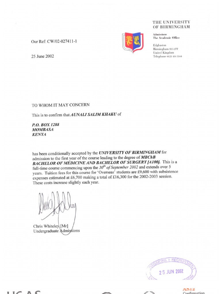 Aunali Khaku University of Birmingham Acceptance Letter