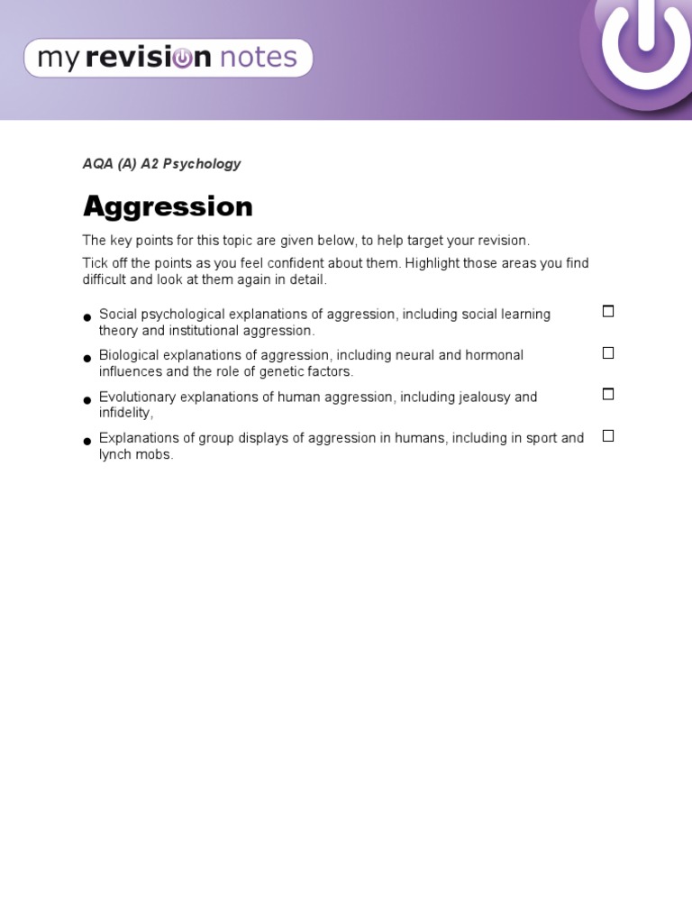 AQA Aggression Topic Checklist | PDF | Aggression | Cognitive Science