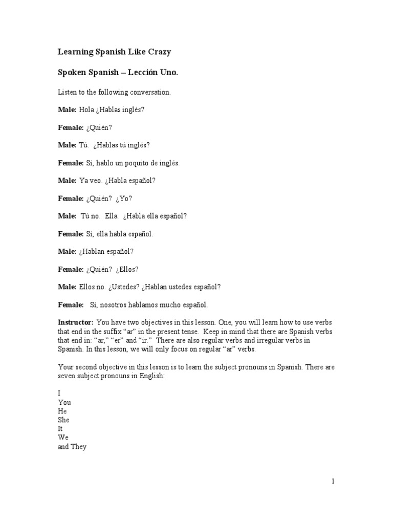 Learning Spanish Like Crazy Level 1 Pdf Pdf Grammatical Gender Plural