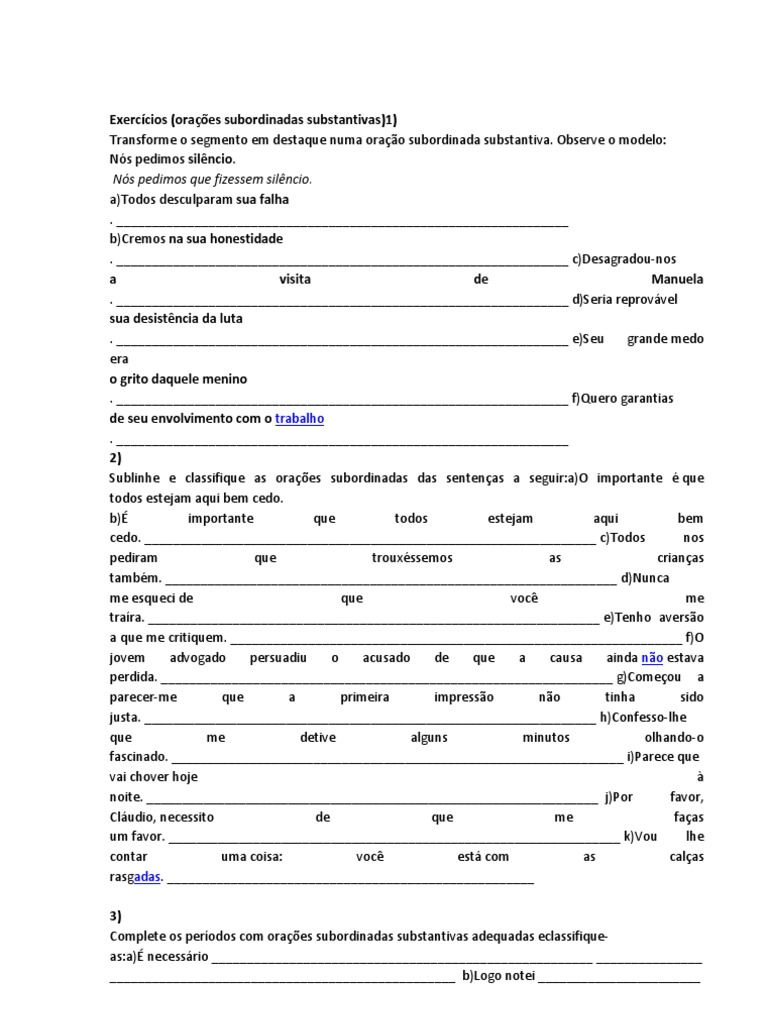 Exercícios sobre Oração Subordinada Substantiva | PDF | Oração