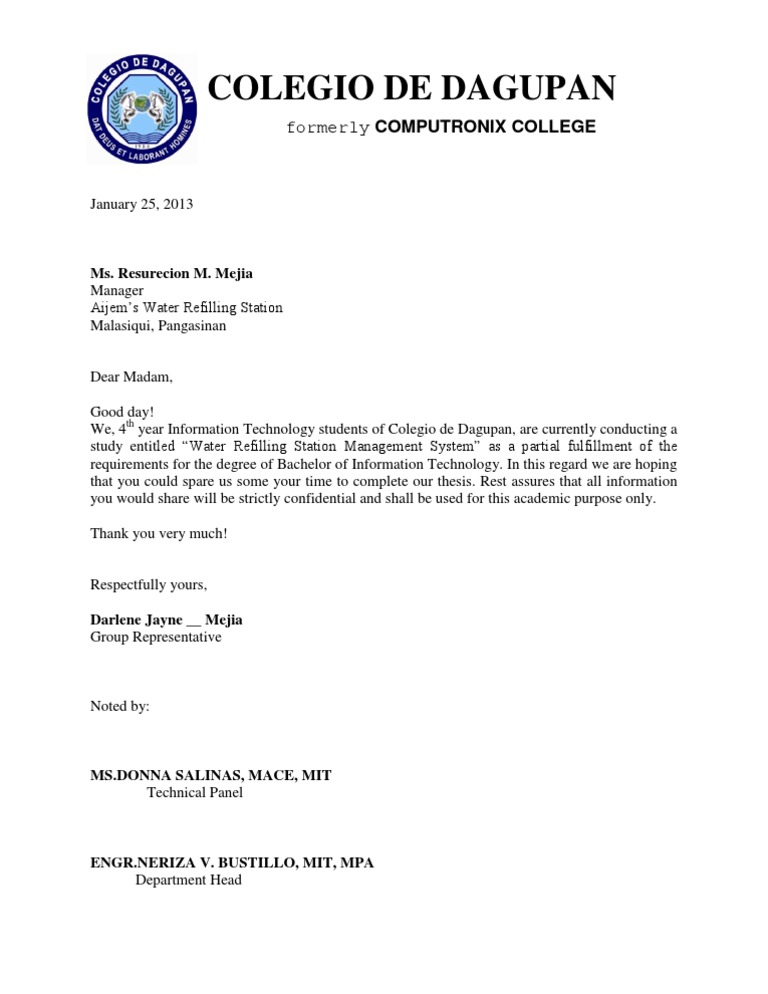 Letter to the respondents