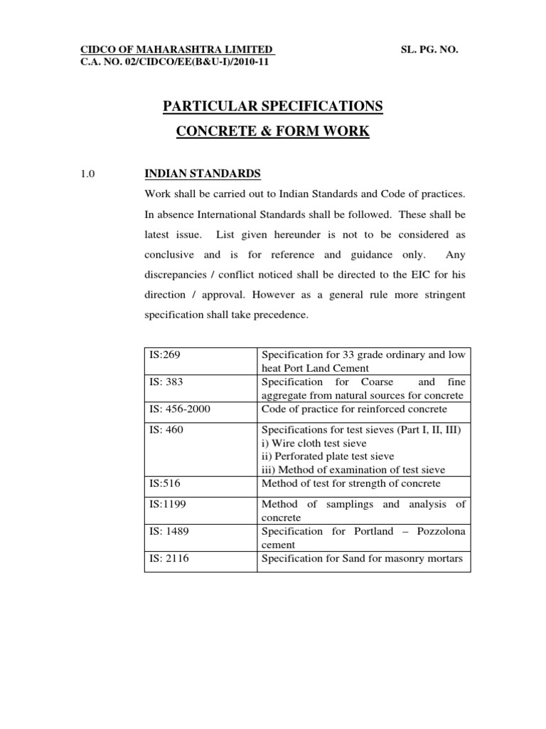 Concrete Specifications for CIDCO Projects | PDF | Construction ...