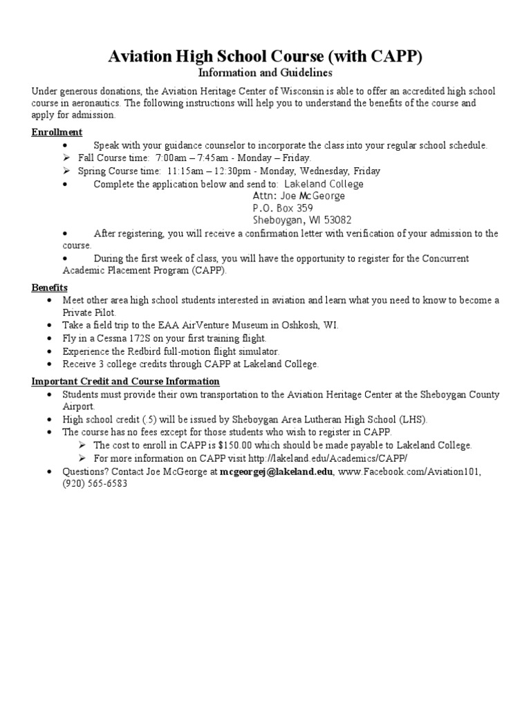 Aviation High School Course (with CAPP) Information and Guidelines