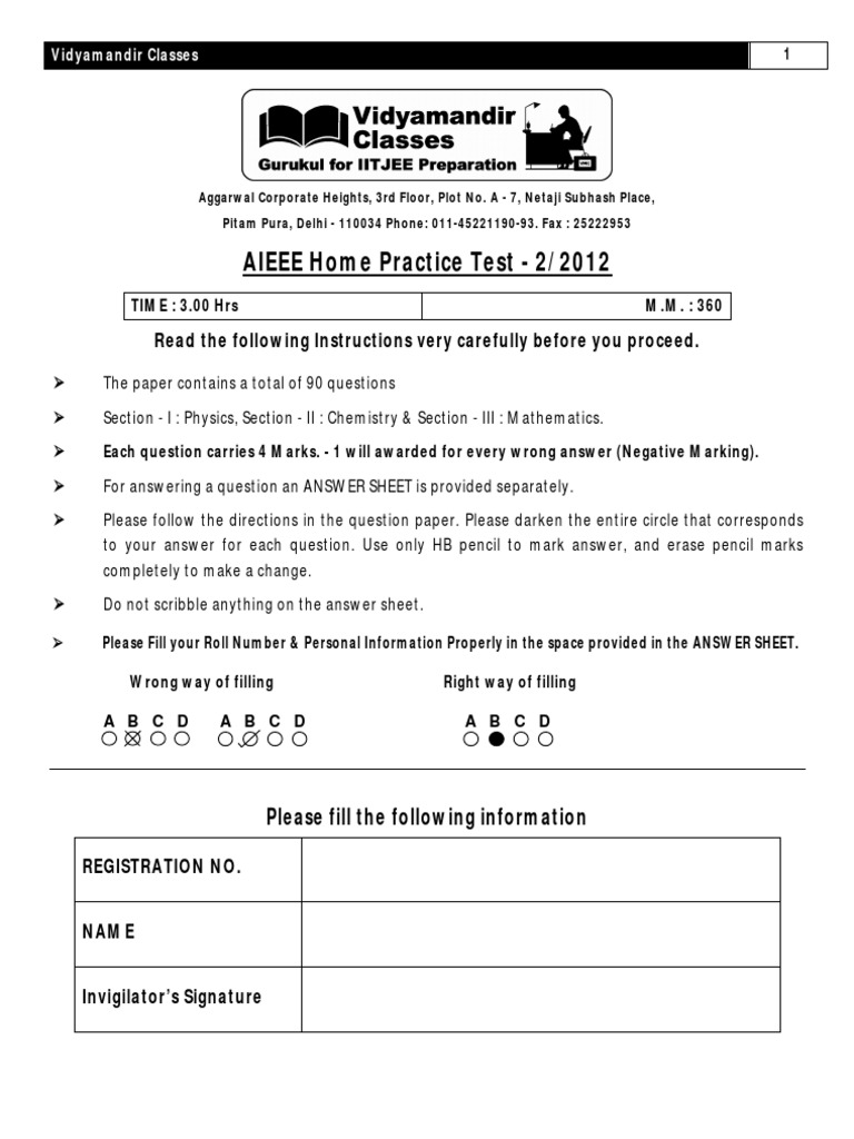AIEEE Home Practice Test - 2/2012: Read The Following Instructions Very ...