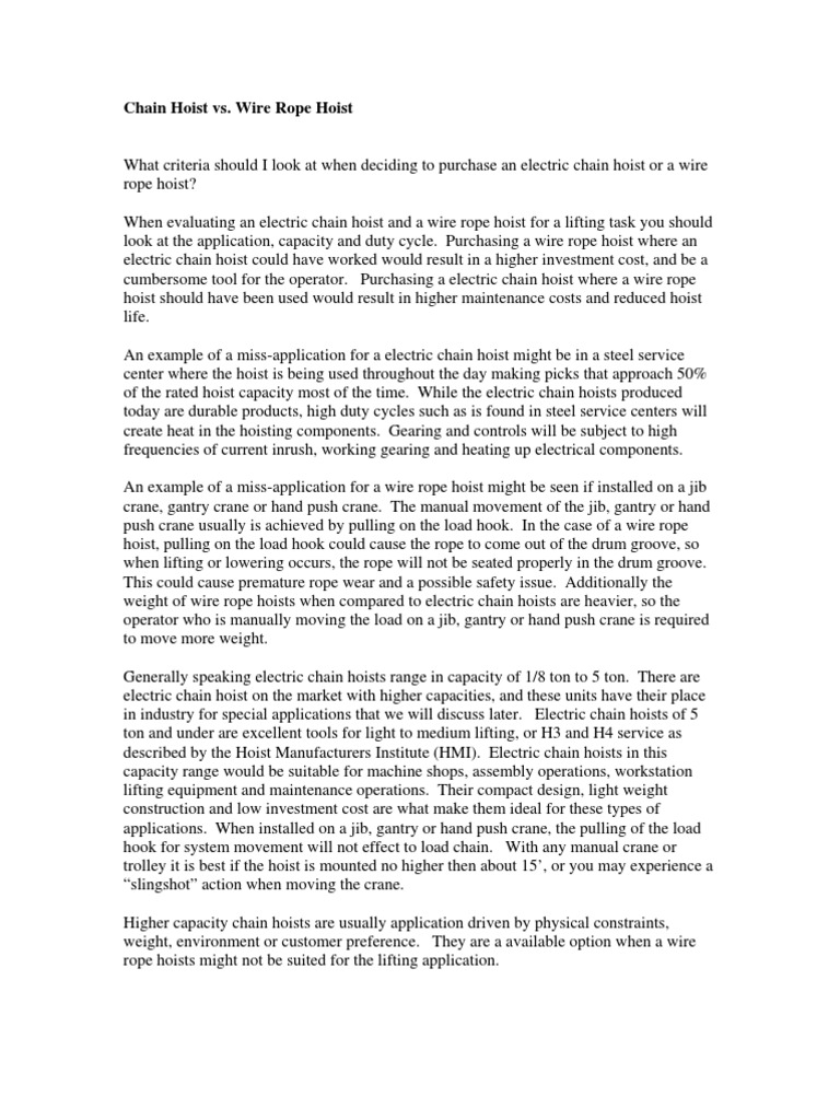 Chain Hoist Vs Wire Rope PDF Crane (Machine) Wire