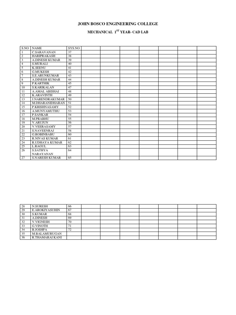Mechanical CAD Lab Student List | PDF