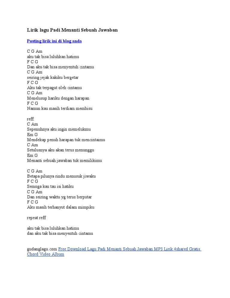 Lirik Lagu Padi Menanti Sebuah Jawaban