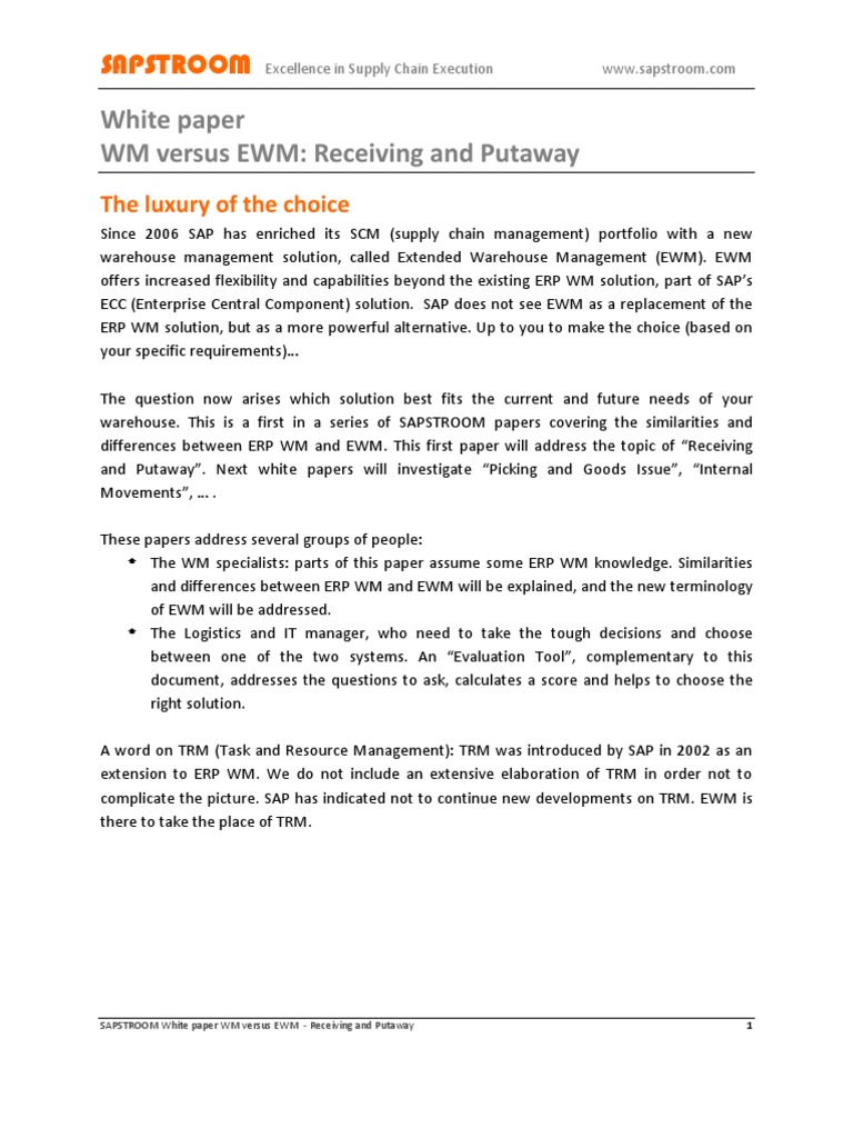 SAPSTROOM White Paper WM-Vs-EWM - Receiving-Putaway | PDF