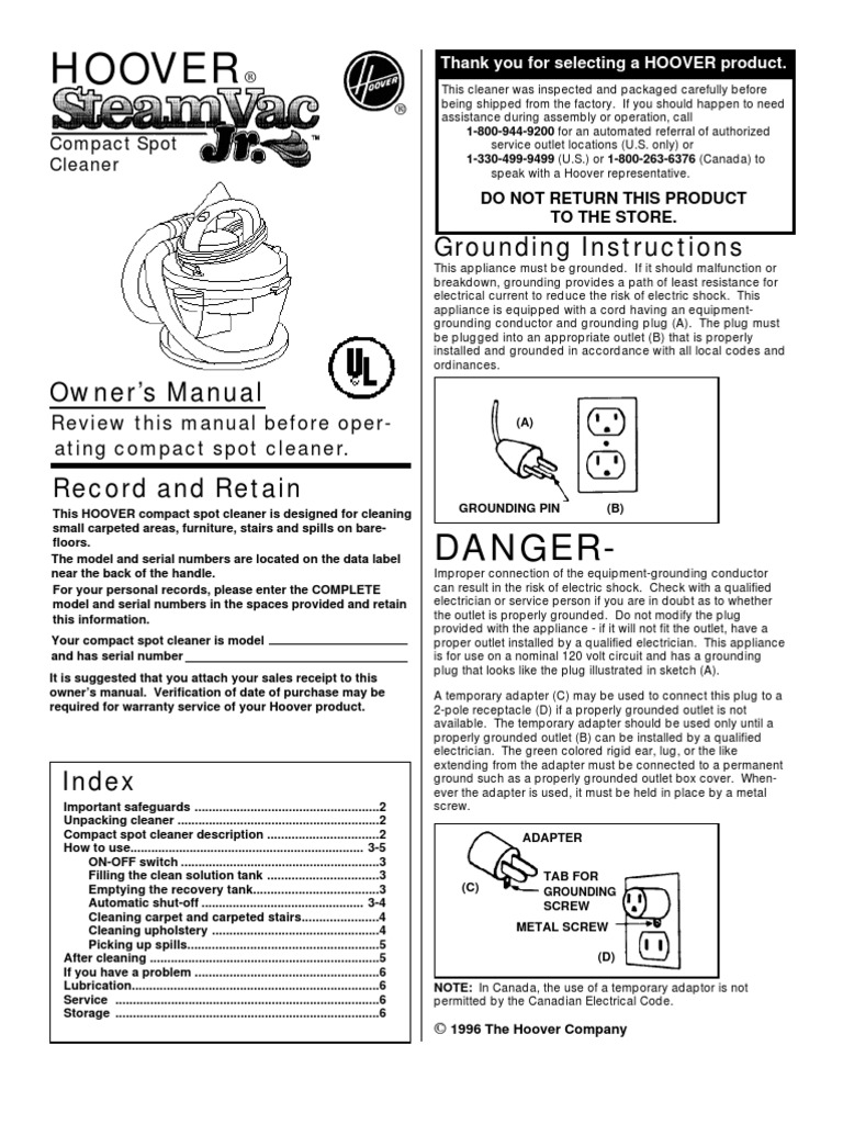 Hoover F5411 Steam Vac Jr. PDF Vacuum Cleaner Electrical Connector