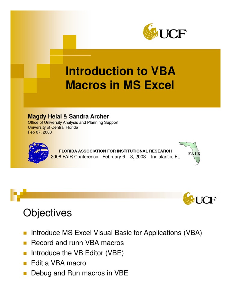 VBA Presentation FAIR 08 Visual Basic For Applications Microsoft Excel