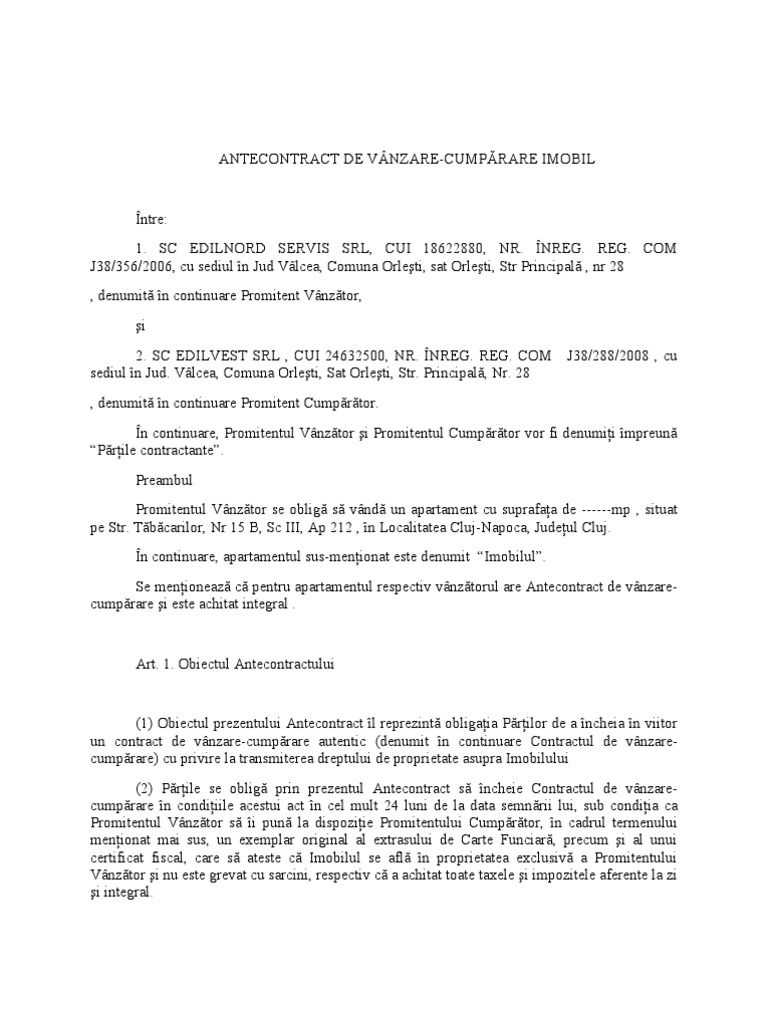 Precontract Model Antecontract Vanzare Cumparare