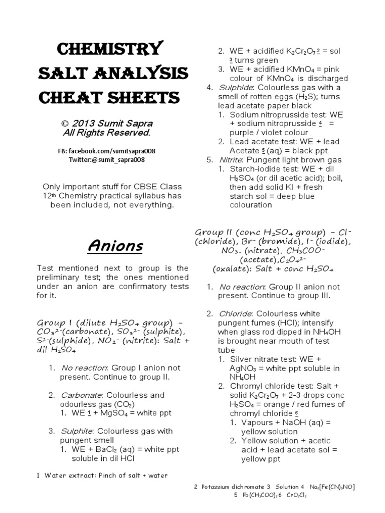 Chemistry Salt Analysis Cheat Sheets Salt (Chemistry) Solubility
