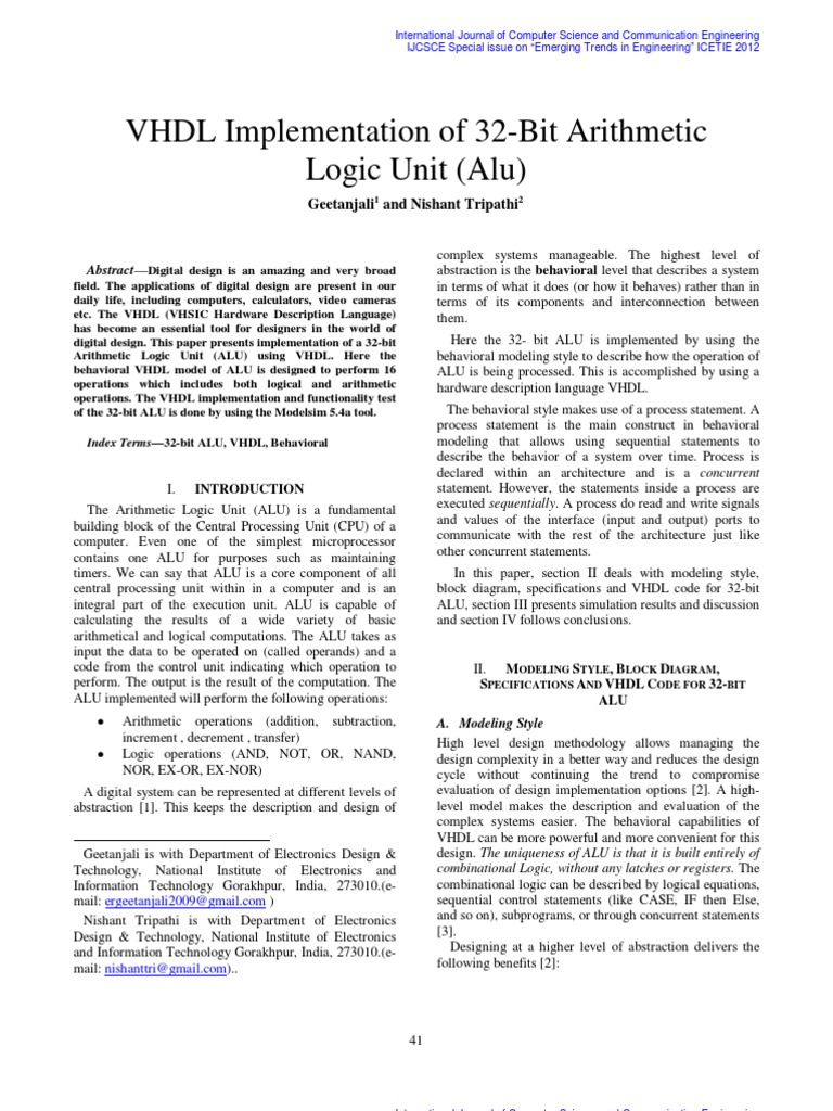 VHDL Implementation of 32-Bit Arithmetic Logic Unit (Alu) : Geetanjali ...