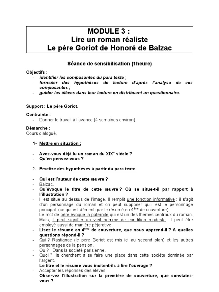 Le Père Goriot Résumé Chapitre Par Chapitre Pdf Le Père Séquence I | PDF | Honoré de Balzac | Réalisme (littérature)