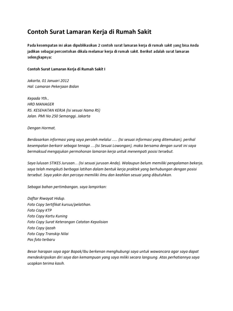 Contoh Surat Lamaran Kerja Di Rsu