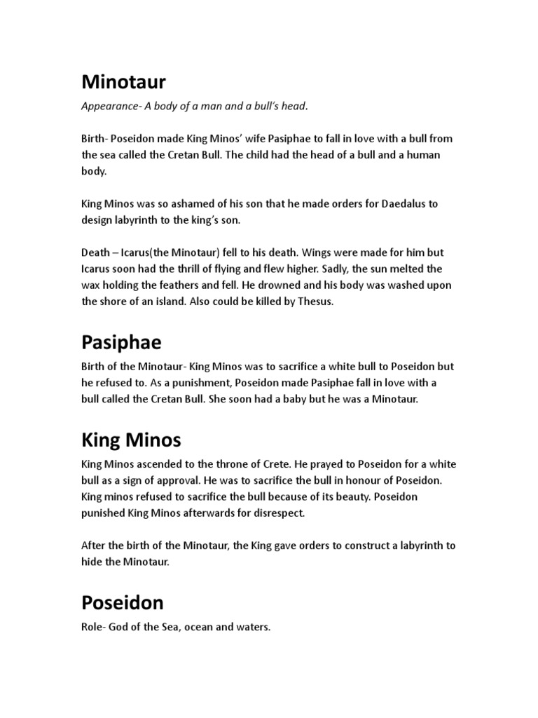 Minotaur: Appearance-A Body of A Man and A Bull's Head | PDF | Social ...