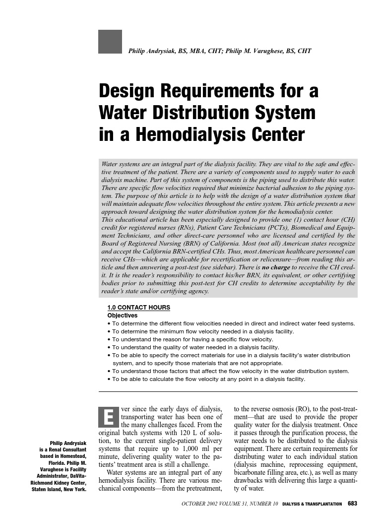 Water Design Requirements For Hemodialysis PDF Hemodialysis Dialysis