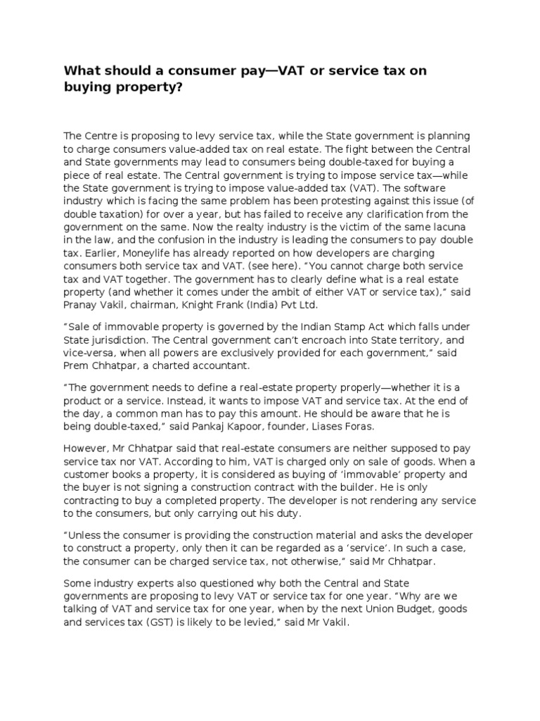 What Should A Consumer payVAT or Service Tax On Buying Property? PDF Value Added Tax Taxes