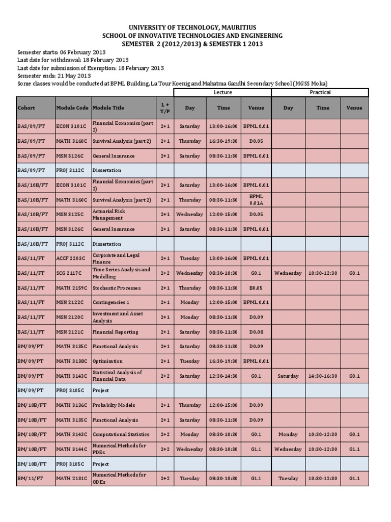 Timetable WEB As at 05.02.13 | PDF | Teaching Mathematics | Electronics