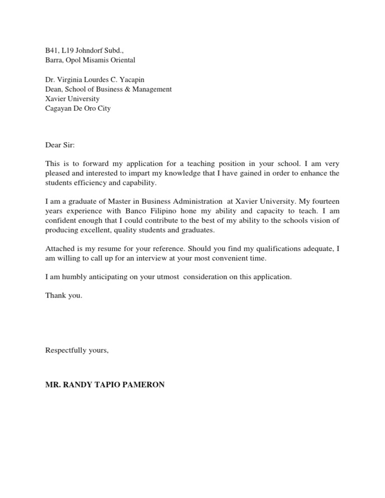 sample application letter for teaching job