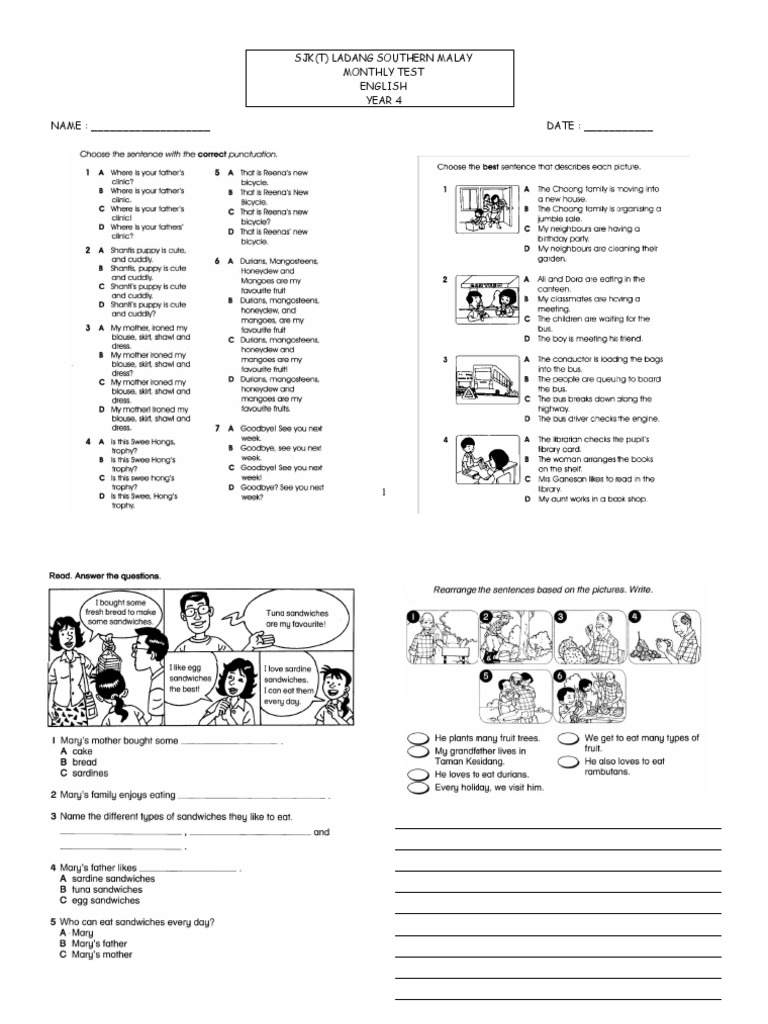 SJK (T) Ladang Southern Malay Monthly Test English Year 4 NAME: - DATE ...