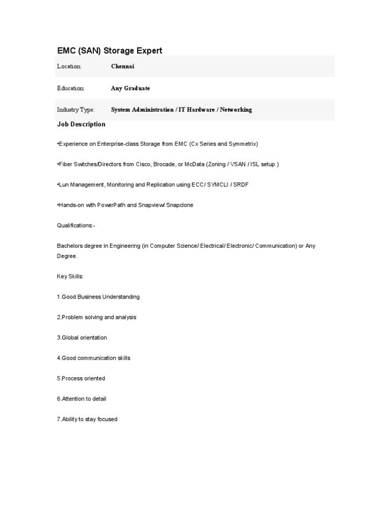 Storage Area Network Engineer Download Free PDF System