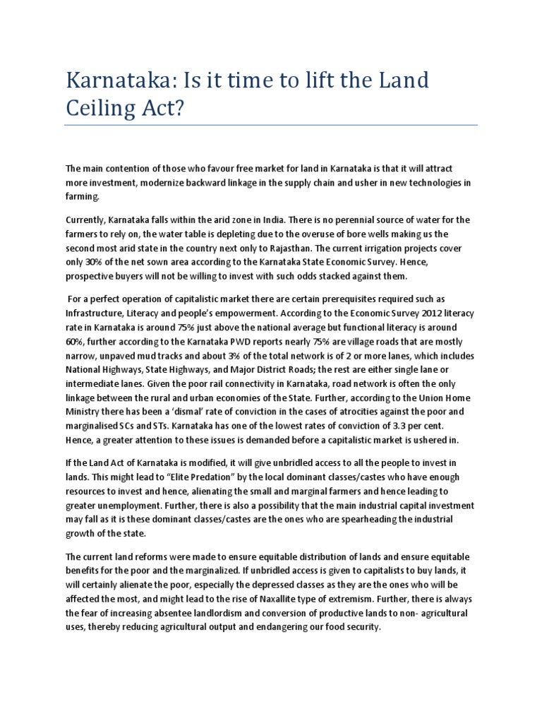 Karnataka Is It Time To Lift The Land Ceiling Act Green