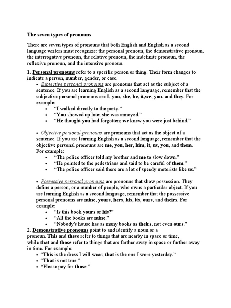 Seven Types of Pronouns Explained | PDF | Pronoun | Morphology