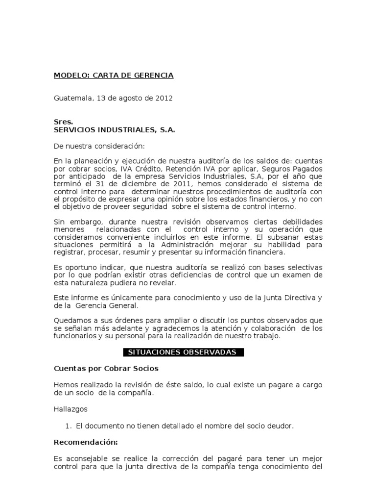 Modelos De Informes De Auditoría Y Cartas De Gerencia  Noticias Modelo